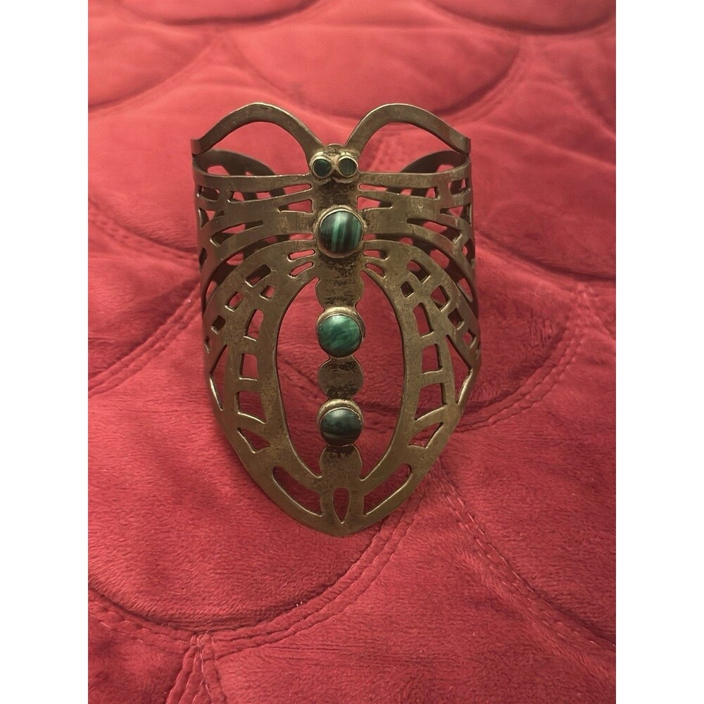 Sterling 925 Taxco Malachite Mexican Butterfly Brutalist Modernist Cuff Bracelet